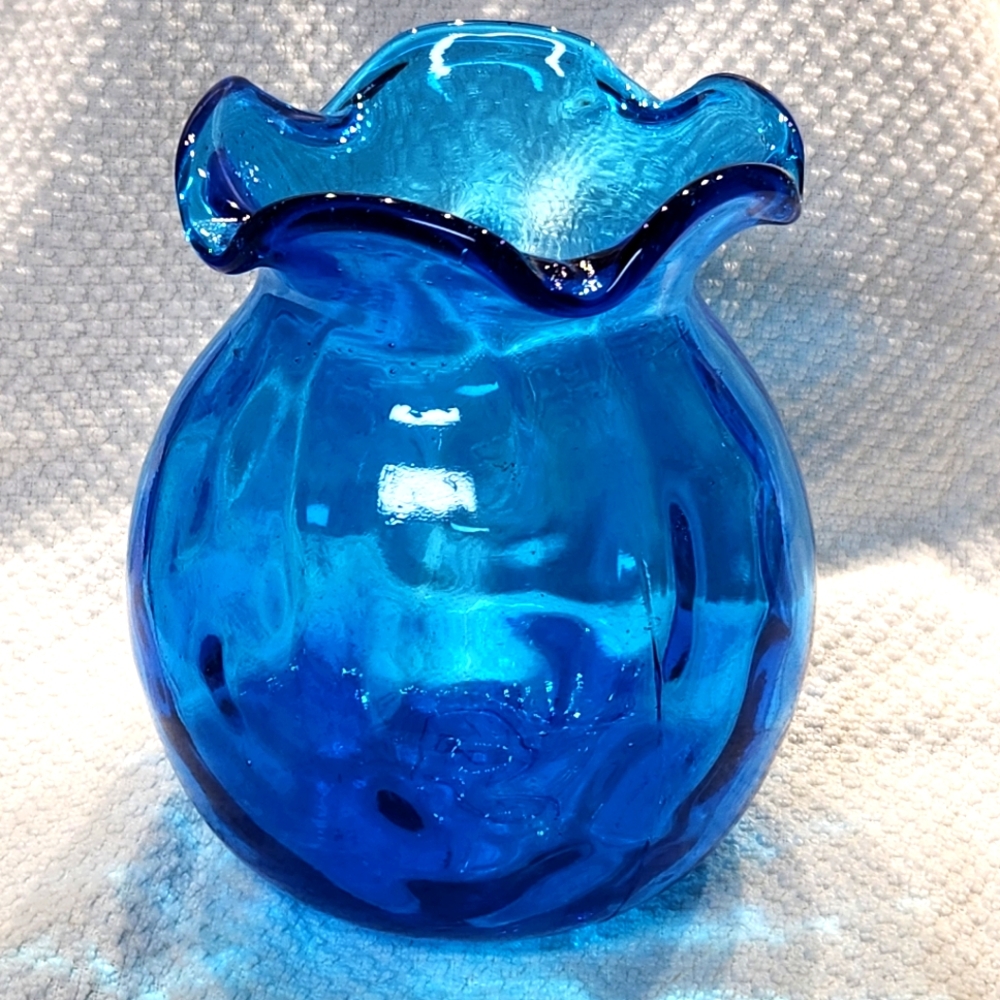 Vintage Hand Blown Blue Glass Vase Decor